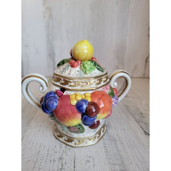 Fitz‎ Floyd sugar bowl spoon fruit ceramic vintage xmas - Picture 4 of 6